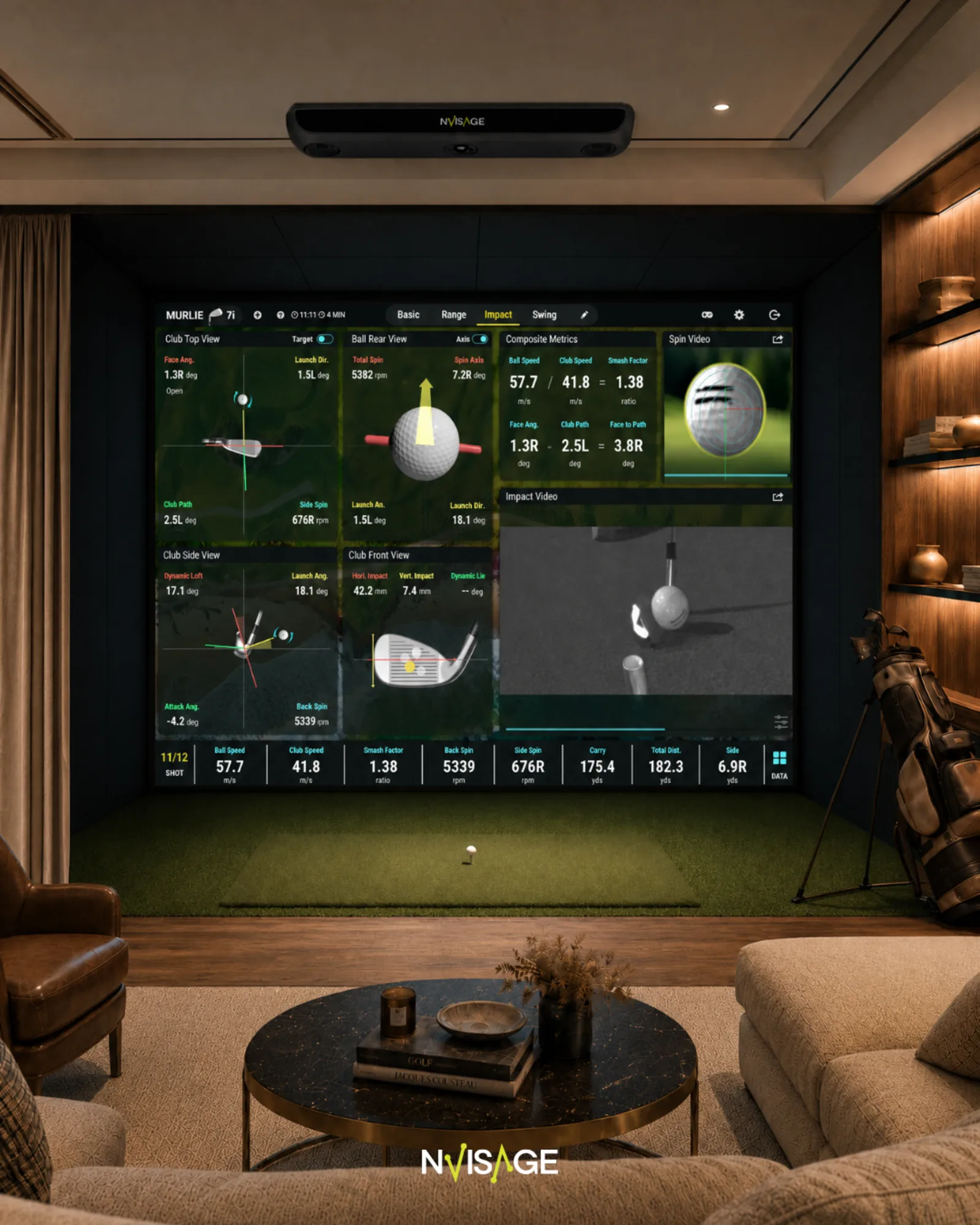 NVISAGE N2 mounted overhead in a residential golf simulator, MURLIE software on-screen with shot data